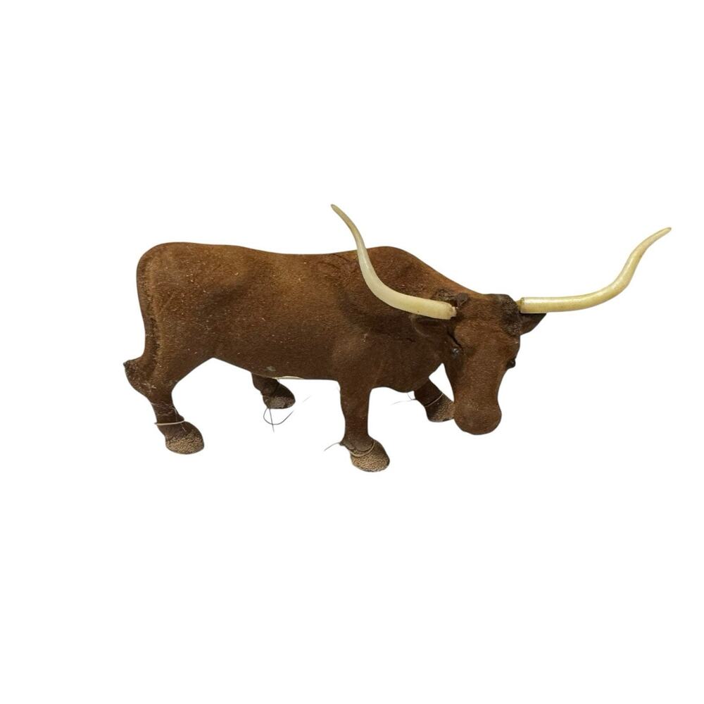Vintage Flocked Animal Figurine Longhorn Made In Hong Kong Texas Longhorn Farm